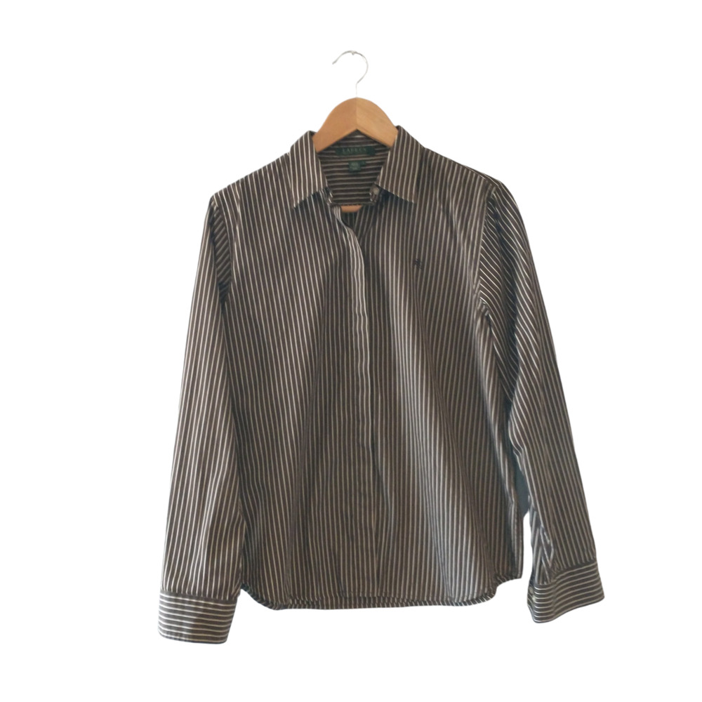Women's Lauren Ralph Lauren Button-up Shirt Large Brown White Pinstripe